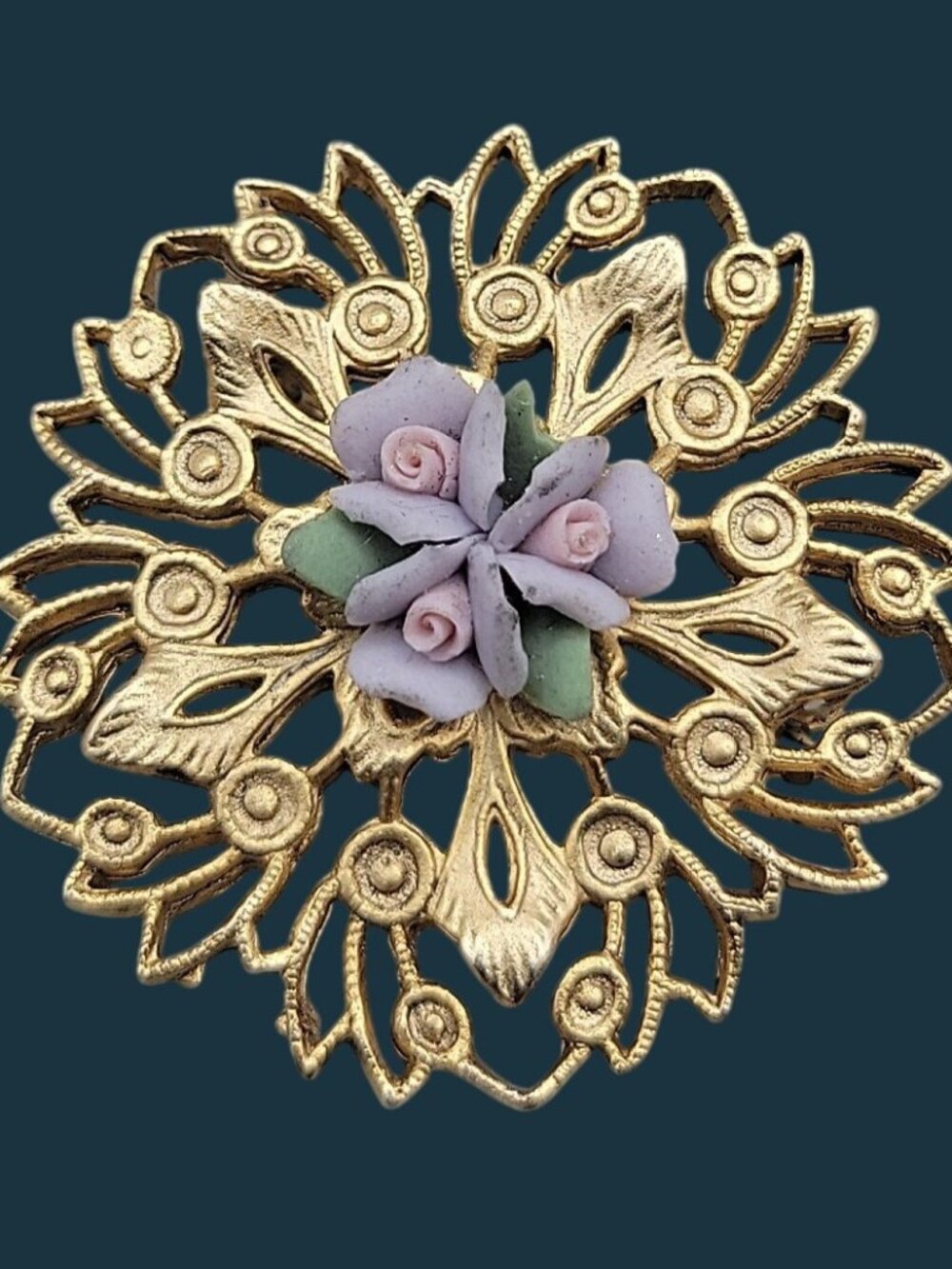 Silver Starrs Brooch Gold Tone Applied Porcelain Purple Flowers Vintage Rare